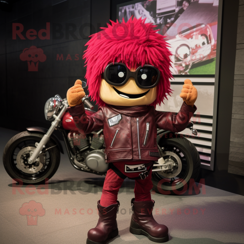 Maroon Lasagna mascot costume character dressed with a Biker Jacket and Hairpins Maroon Lasagna mascot costume character dressed with a Biker Jacket and Hairpins
