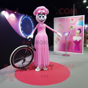 Pink Unicyclist mascot costume character dressed with a Evening Gown and Brooches