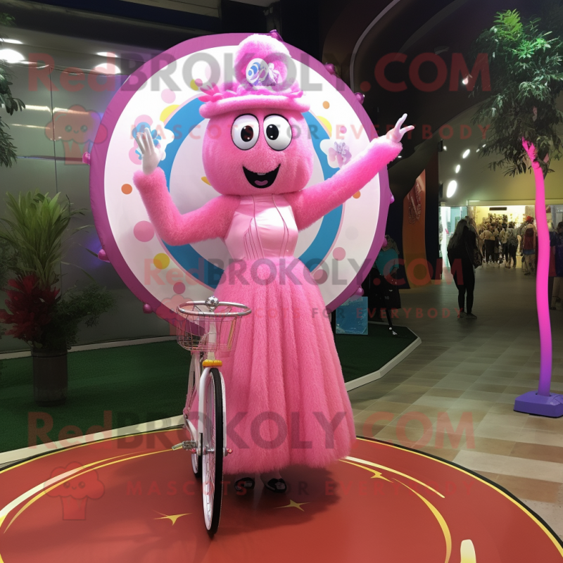 Pink Unicyclist mascot costume character dressed with a Evening Gown and Brooches