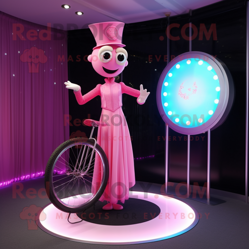 Pink Unicyclist mascot costume character dressed with a Evening Gown and Brooches