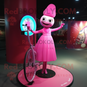Pink Unicyclist mascot costume character dressed with a Evening Gown and Brooches