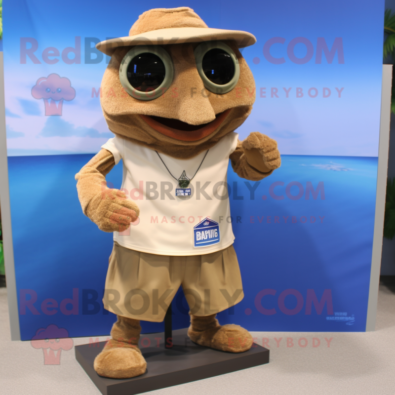 Tan Alliance mascot costume character dressed with a Bermuda Shorts and Tie pins Tan Alliance mascot costume character dressed with a Bermuda Shorts and Tie pins