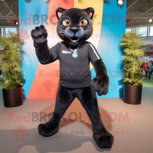 Black Puma mascot costume character dressed with a Denim Shorts and Shoe laces