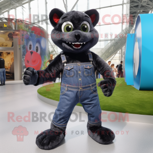 Black Puma mascot costume character dressed with a Denim Shorts and Shoe laces