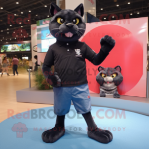 Black Puma mascot costume character dressed with a Denim Shorts and Shoe laces