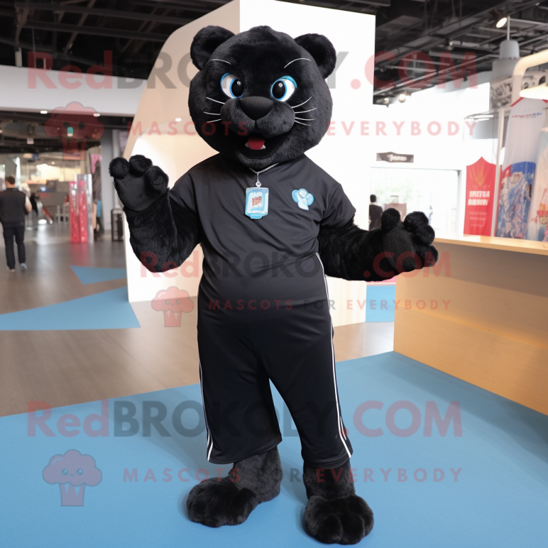 Black Puma mascot costume character dressed with a Denim Shorts and Shoe laces