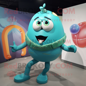 Teal Human Cannon Ball mascot costume character dressed with a Bikini and Lapel pins