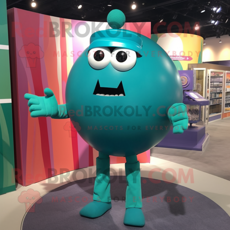 Teal Human Cannon Ball mascot costume character dressed with a Bikini and Lapel pins