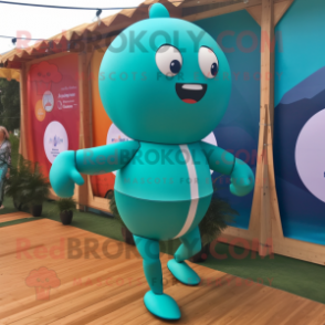 Teal Human Cannon Ball mascot costume character dressed with a Bikini and Lapel pins