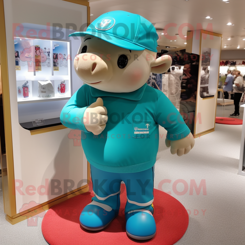 Turquoise Sow mascot costume character dressed with a Long Sleeve Tee and Caps