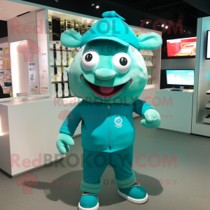 Turquoise Sow mascot costume character dressed with a Long Sleeve Tee and Caps