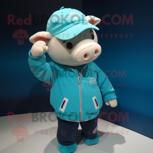 Turquoise Sow mascot costume character dressed with a Long Sleeve Tee and Caps