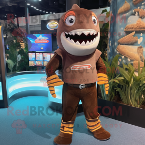 Brown Swordfish mascot costume character dressed with a Rash Guard and Coin purses