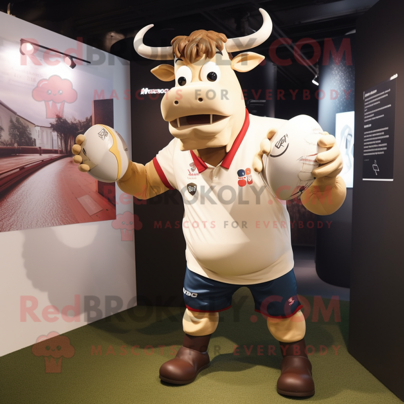 Beige Bull mascot costume character dressed with a Rugby Shirt and Eyeglasses