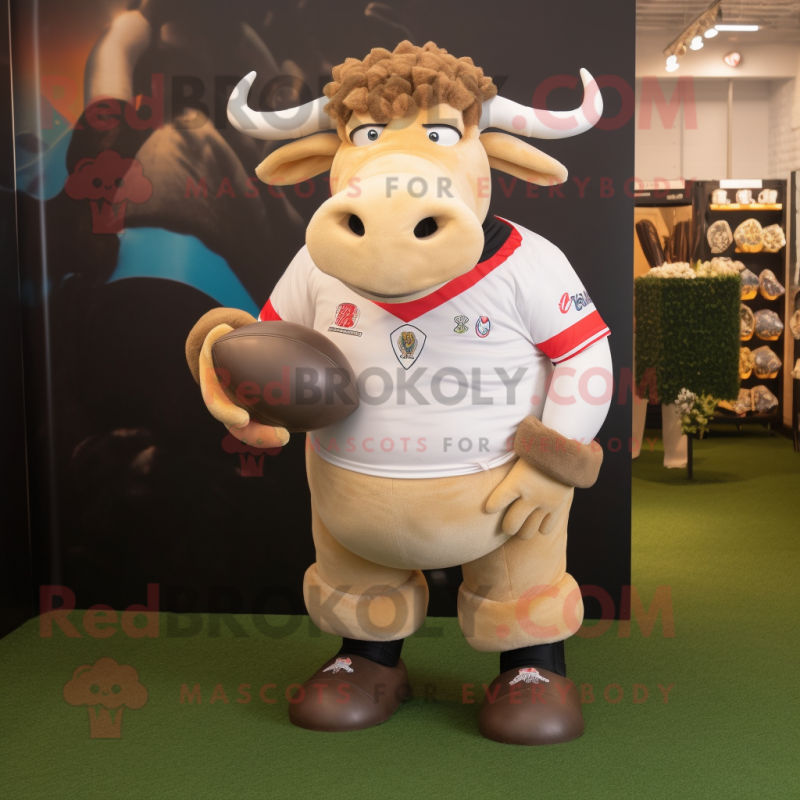 Beige Bull mascot costume character dressed with a Rugby Shirt and Eyeglasses Beige Bull mascot costume character dressed with a Rugby Shirt and Eyeglasses