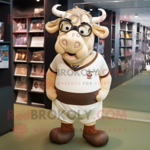 Beige Bull mascot costume character dressed with a Rugby Shirt and Eyeglasses