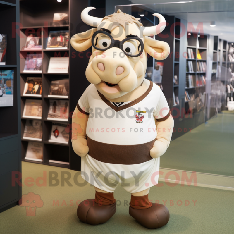 Beige Bull mascot costume character dressed with a Rugby Shirt and Eyeglasses Beige Bull mascot costume character dressed with a Rugby Shirt and Eyeglasses