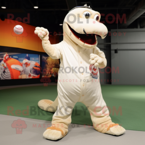 Cream Diplodocus mascot costume character dressed with a Baseball Tee and Watches