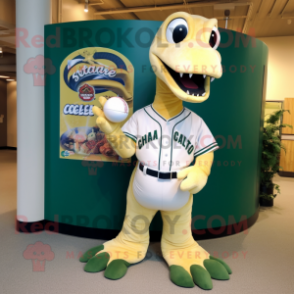 Cream Diplodocus mascot costume character dressed with a Baseball Tee and Watches