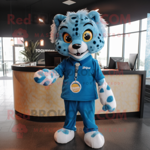 Blue Cheetah mascot costume character dressed with a Corduroy Pants and Keychains