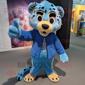 Blue Cheetah mascot costume character dressed with a Corduroy Pants and Keychains
