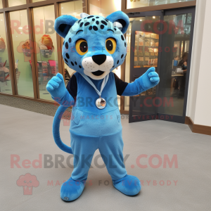 Blue Cheetah mascot costume character dressed with a Corduroy Pants and Keychains