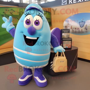 Sky Blue Eggplant mascot costume character dressed with a Rugby Shirt and Wallets