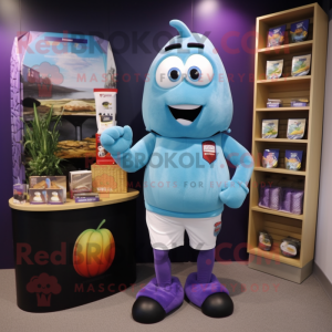 Sky Blue Eggplant mascot costume character dressed with a Rugby Shirt and Wallets