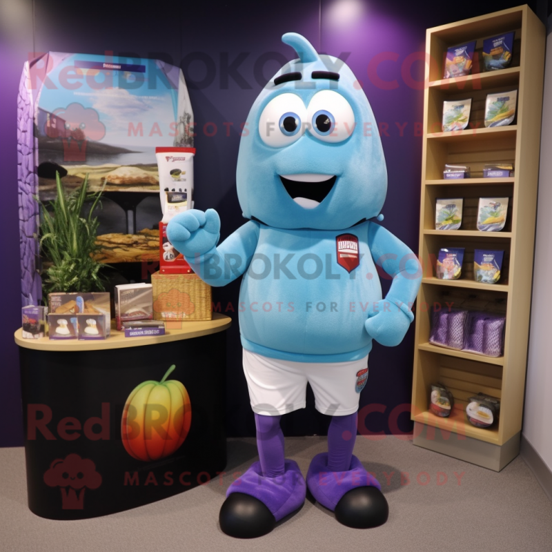 Sky Blue Eggplant mascot costume character dressed with a Rugby Shirt and Wallets Sky Blue Eggplant mascot costume character dressed with a Rugby Shirt and Wallets