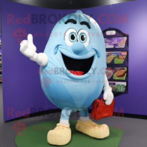 Sky Blue Eggplant mascot costume character dressed with a Rugby Shirt and Wallets