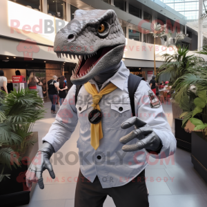 Silver Allosaurus mascot costume character dressed with a Button-Up Shirt and Rings