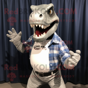 Silver Allosaurus mascot costume character dressed with a Button-Up Shirt and Rings