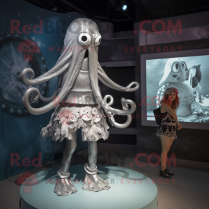 Silver Kraken mascot costume character dressed with a Mini Skirt and Cummerbunds