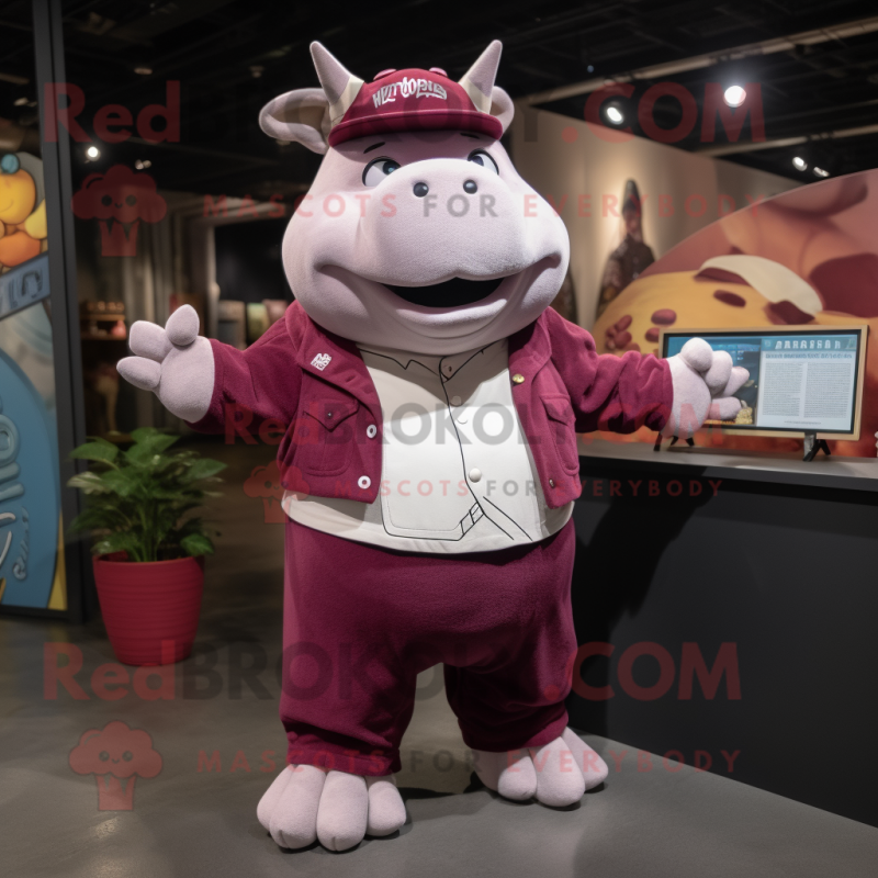 Maroon Rhinoceros mascot costume character dressed with a T-Shirt and Hat pins