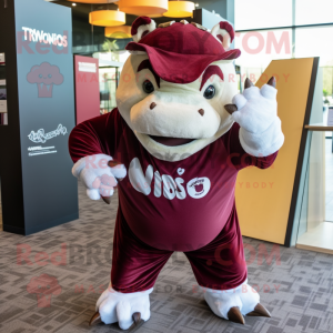 Maroon Rhinoceros mascot costume character dressed with a T-Shirt and Hat pins