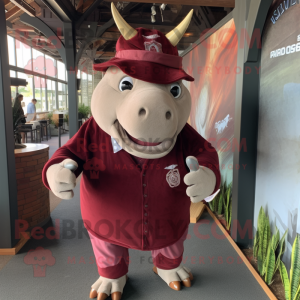 Maroon Rhinoceros mascot costume character dressed with a T-Shirt and Hat pins