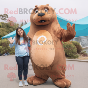 Brown Sea Lion mascot costume character dressed with a Mom Jeans and Hairpins