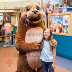 Brown Sea Lion mascot costume character dressed with a Mom Jeans and Hairpins