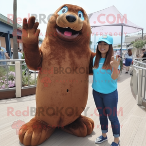Brown Sea Lion mascot costume character dressed with a Mom Jeans and Hairpins