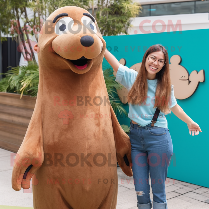 Brown Sea Lion mascot costume character dressed with a Mom Jeans and Hairpins