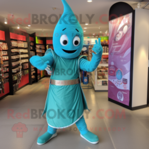 Turquoise Knife Thrower mascot costume character dressed with a Wrap Dress and Coin purses