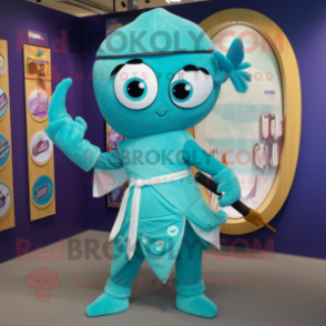 Turquoise Knife Thrower mascot costume character dressed with a Wrap Dress and Coin purses