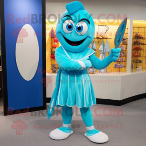 Turquoise Knife Thrower mascot costume character dressed with a Wrap Dress and Coin purses