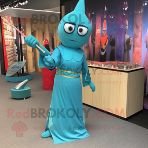 Turquoise Knife Thrower mascot costume character dressed with a Wrap Dress and Coin purses