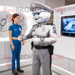 Silver Police Officer mascot costume character dressed with a Jumpsuit and Hair clips