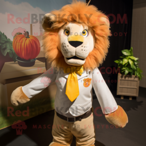 Peach Tamer Lion mascot costume character dressed with a Henley Shirt and Bow ties