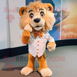Peach Tamer Lion mascot costume character dressed with a Henley Shirt and Bow ties