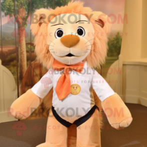 Peach Tamer Lion mascot costume character dressed with a Henley Shirt and Bow ties