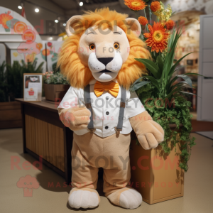 Peach Tamer Lion mascot costume character dressed with a Henley Shirt and Bow ties