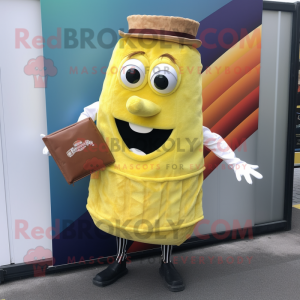 Lemon Yellow Pulled Pork Sandwich mascot costume character dressed with a Waistcoat and Clutch bags